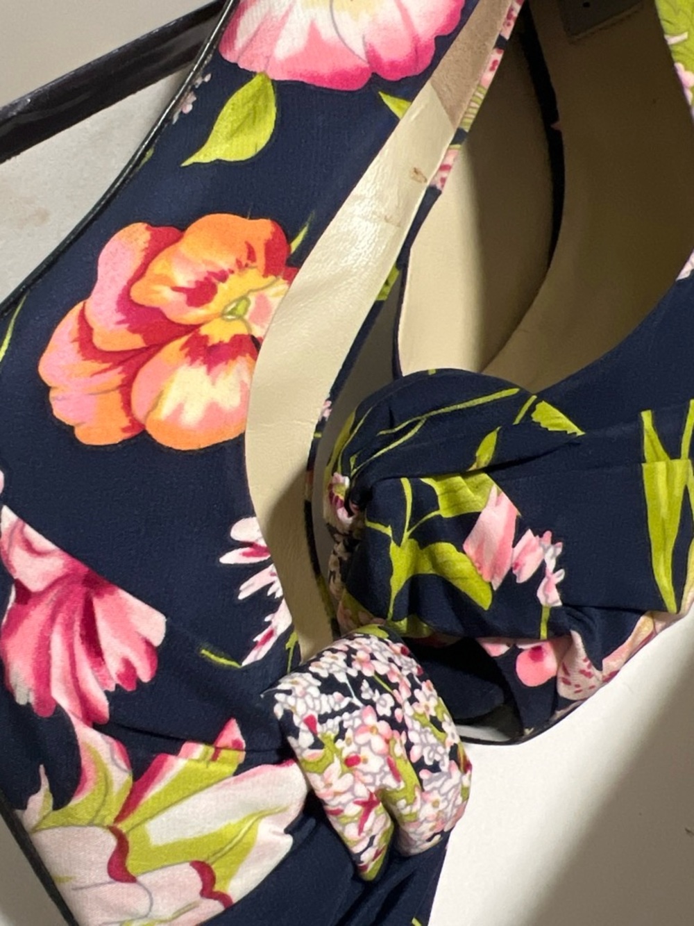 Italian made  Navy Floral Knot Peep-Toe Heels with rich floral print